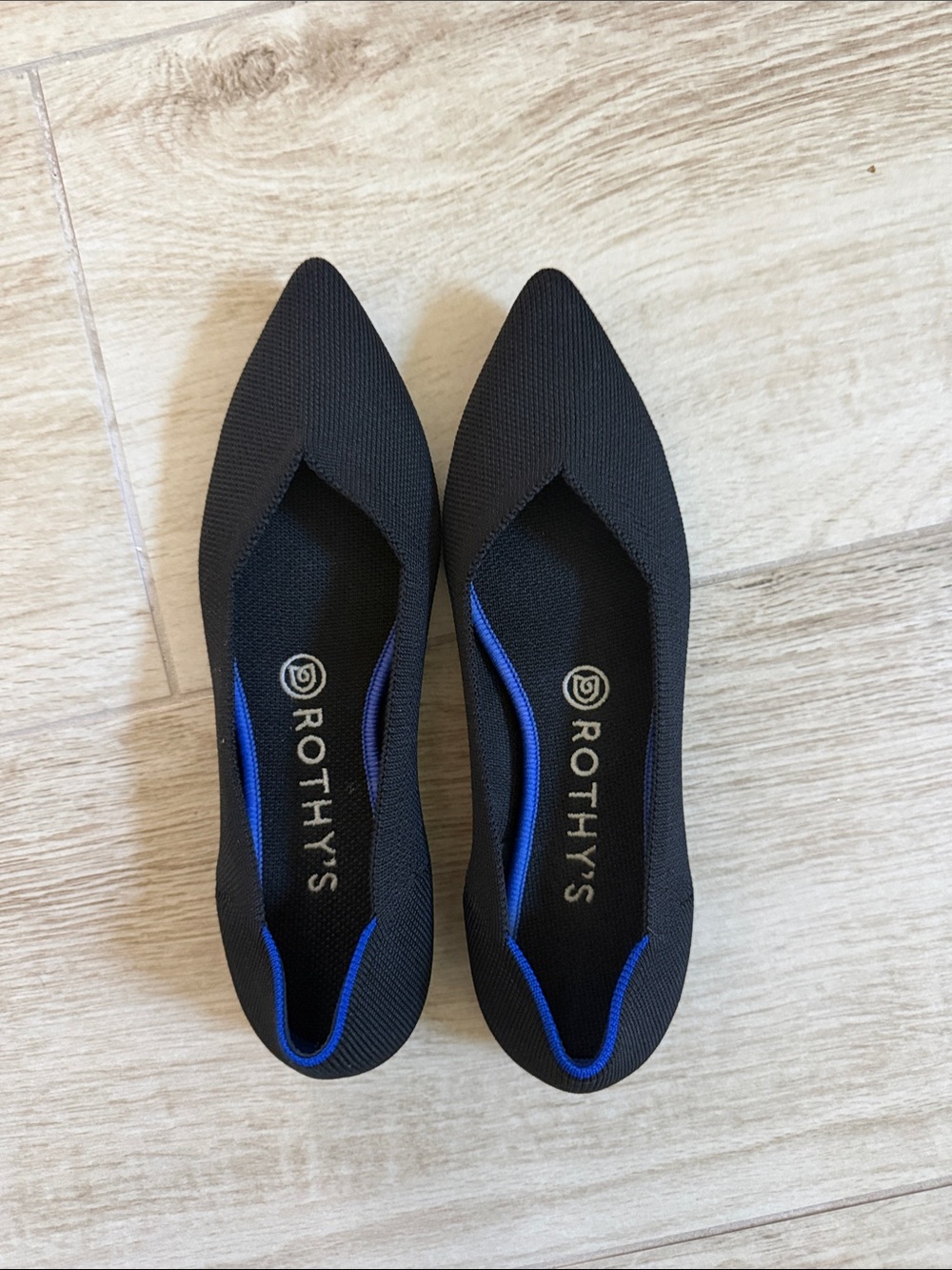 Rothy's Black Pointed Knit Flats with Blue Piping